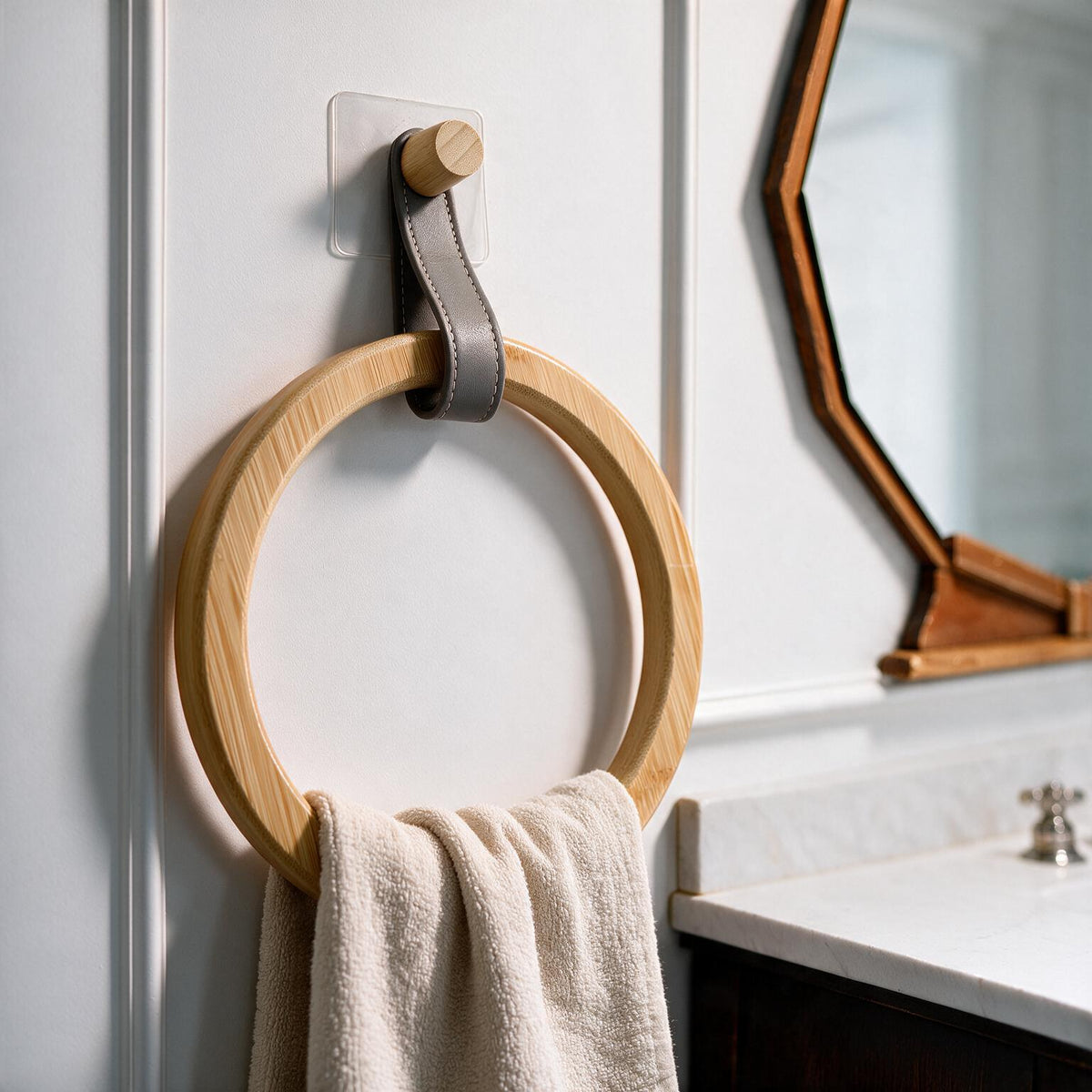 No-Drill Round Bamboo Towel Ring