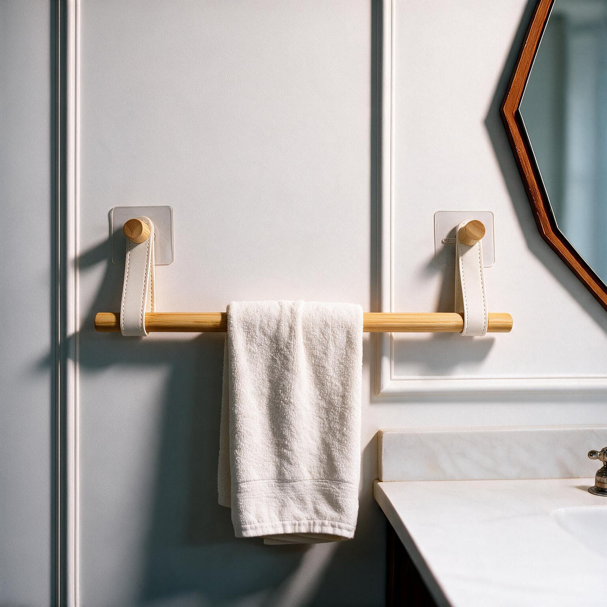 No-Drill Bamboo Towel Bar with Leather Straps
