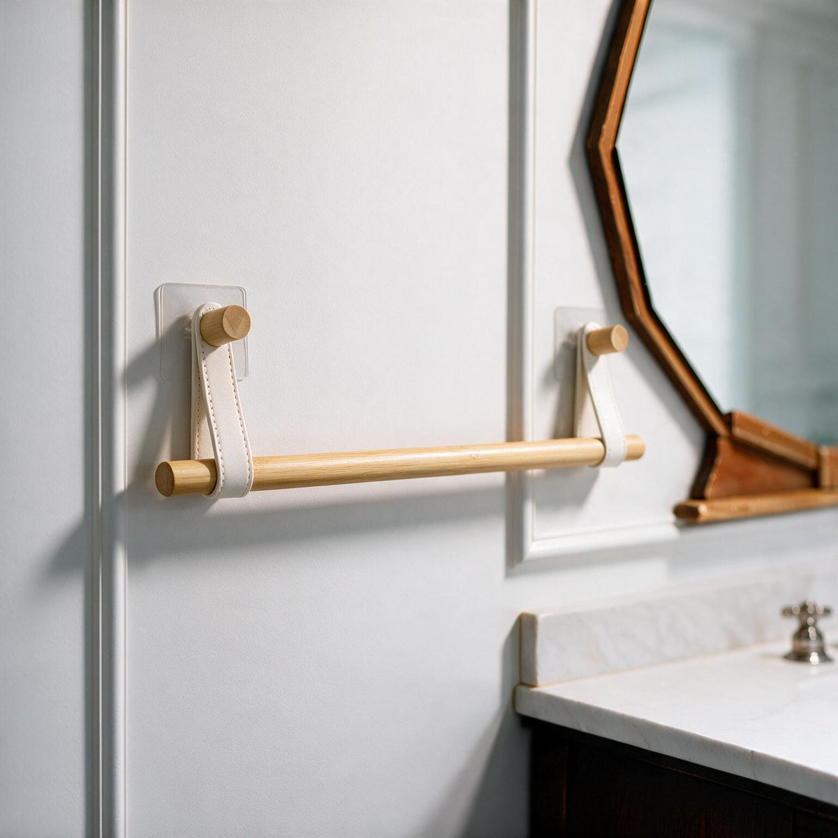 No-Drill Bamboo Towel Bar with Leather Straps