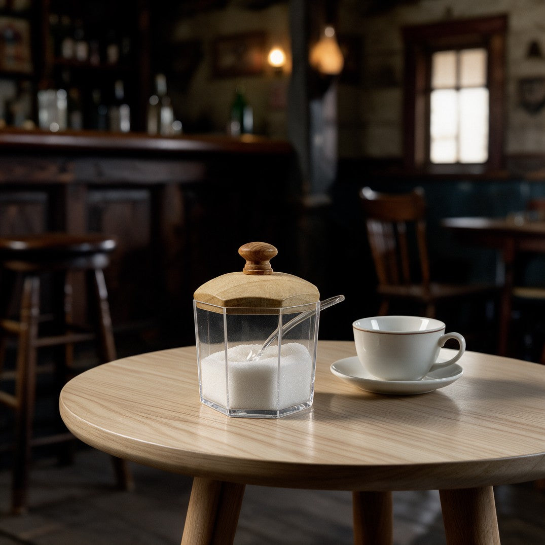 Plexi Sugar Jar with Wooden Lid & Spoon-Hexagonal