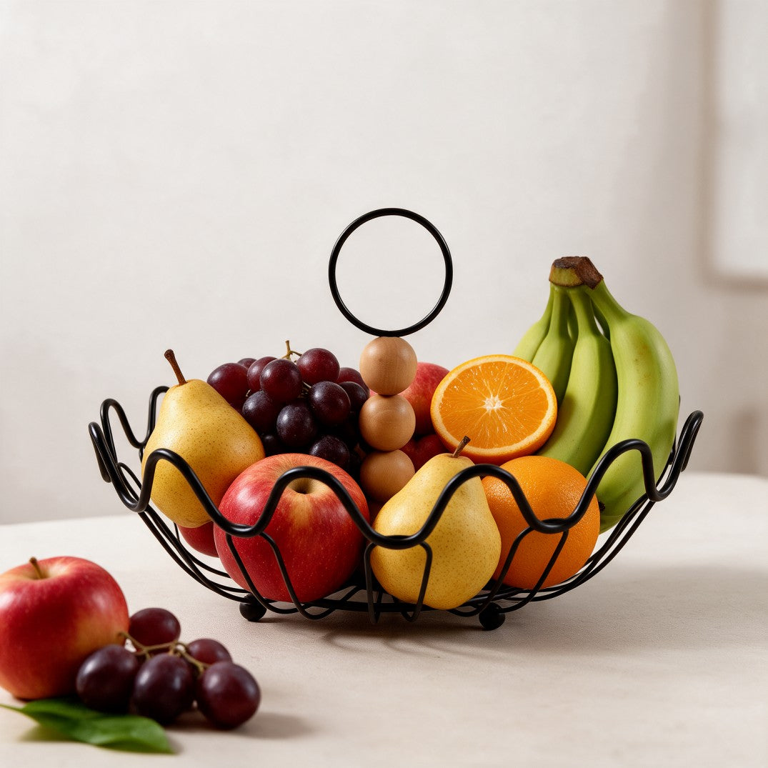 Wavy Metal Wire Fruit Basket with Wooden Beads