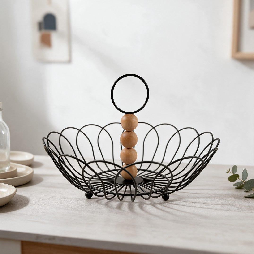Metal Wire Fruit Basket with Wooden Beads