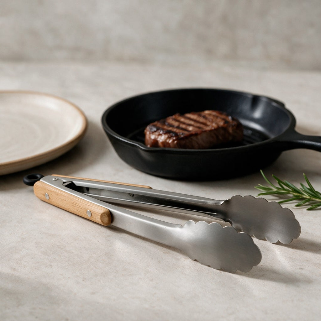 Stainless Steel Kitchen Tongs with Wooden Grip