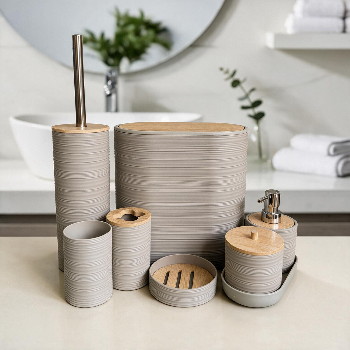 Bathroom Accessories Set with Bamboo Lids – 8 Pieces