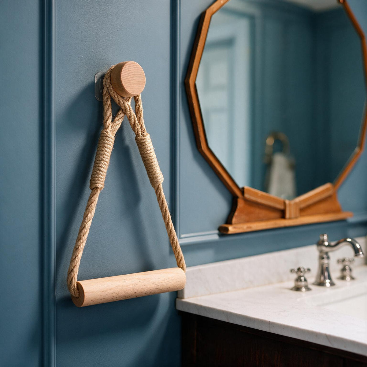 Boho Jute Rope Towel Holder with Wooden Bar – No Drill