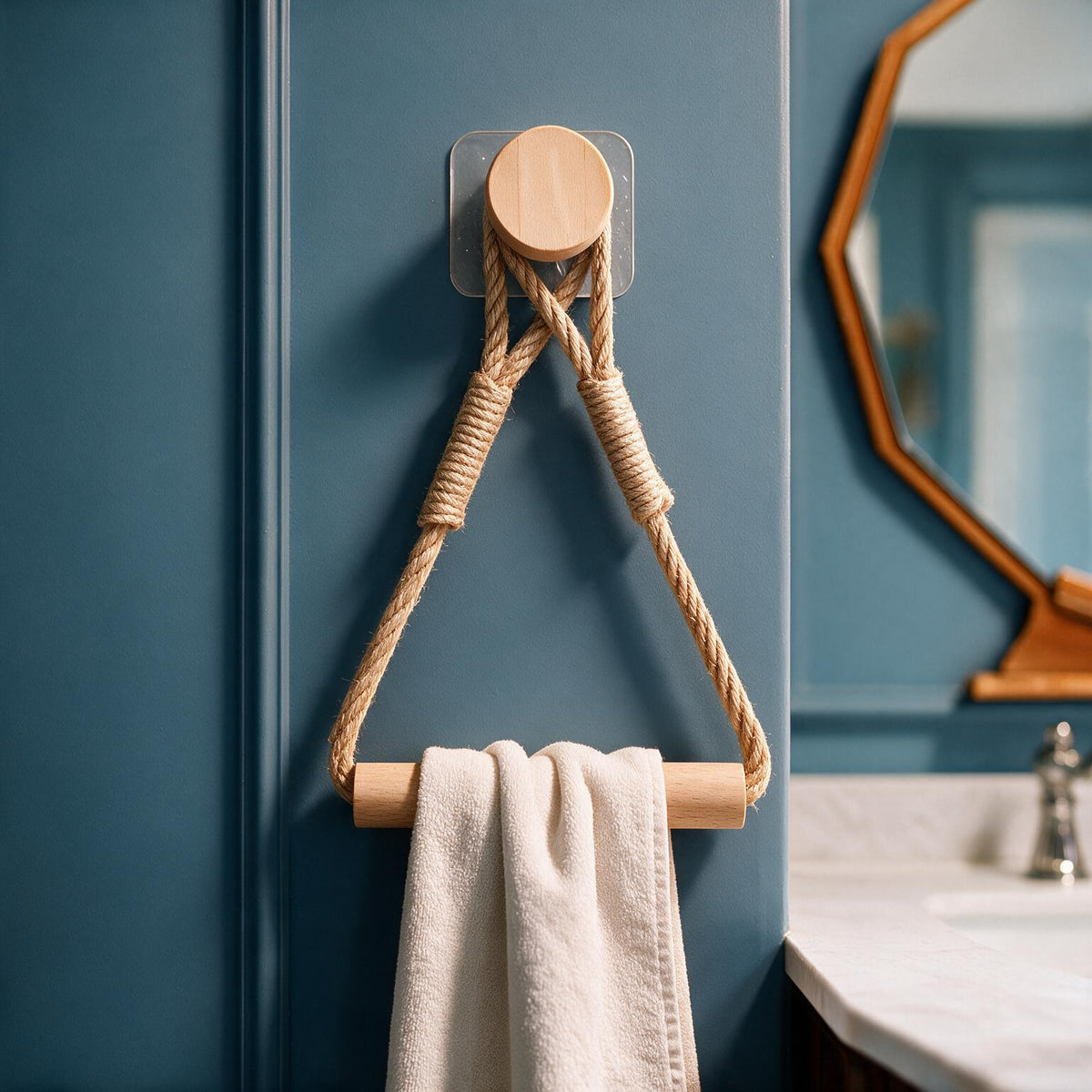 Boho Jute Rope Towel Holder with Wooden Bar – No Drill