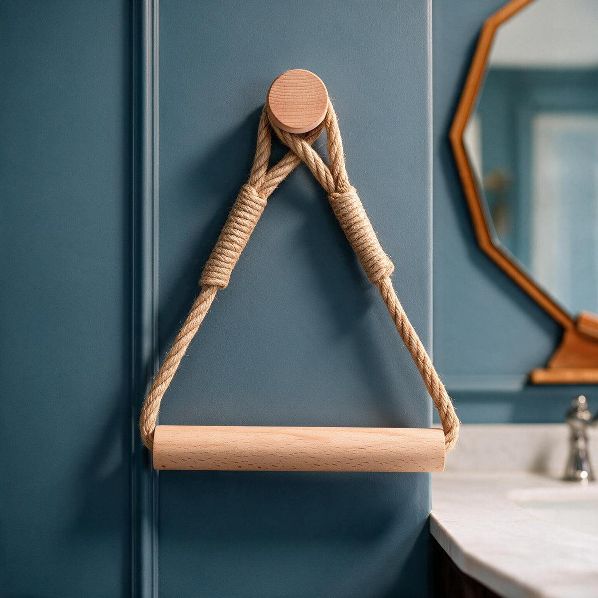 Boho Jute Rope Towel Holder with Wooden Bar – No Drill