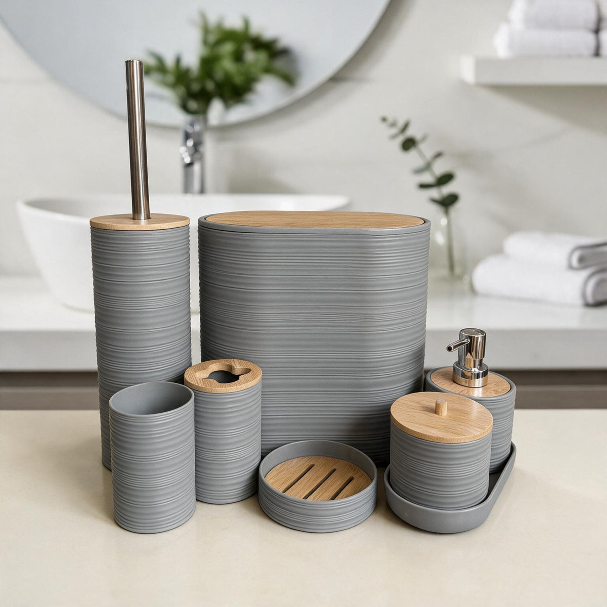 Bathroom Accessories Set with Bamboo Lids – 8 Pieces