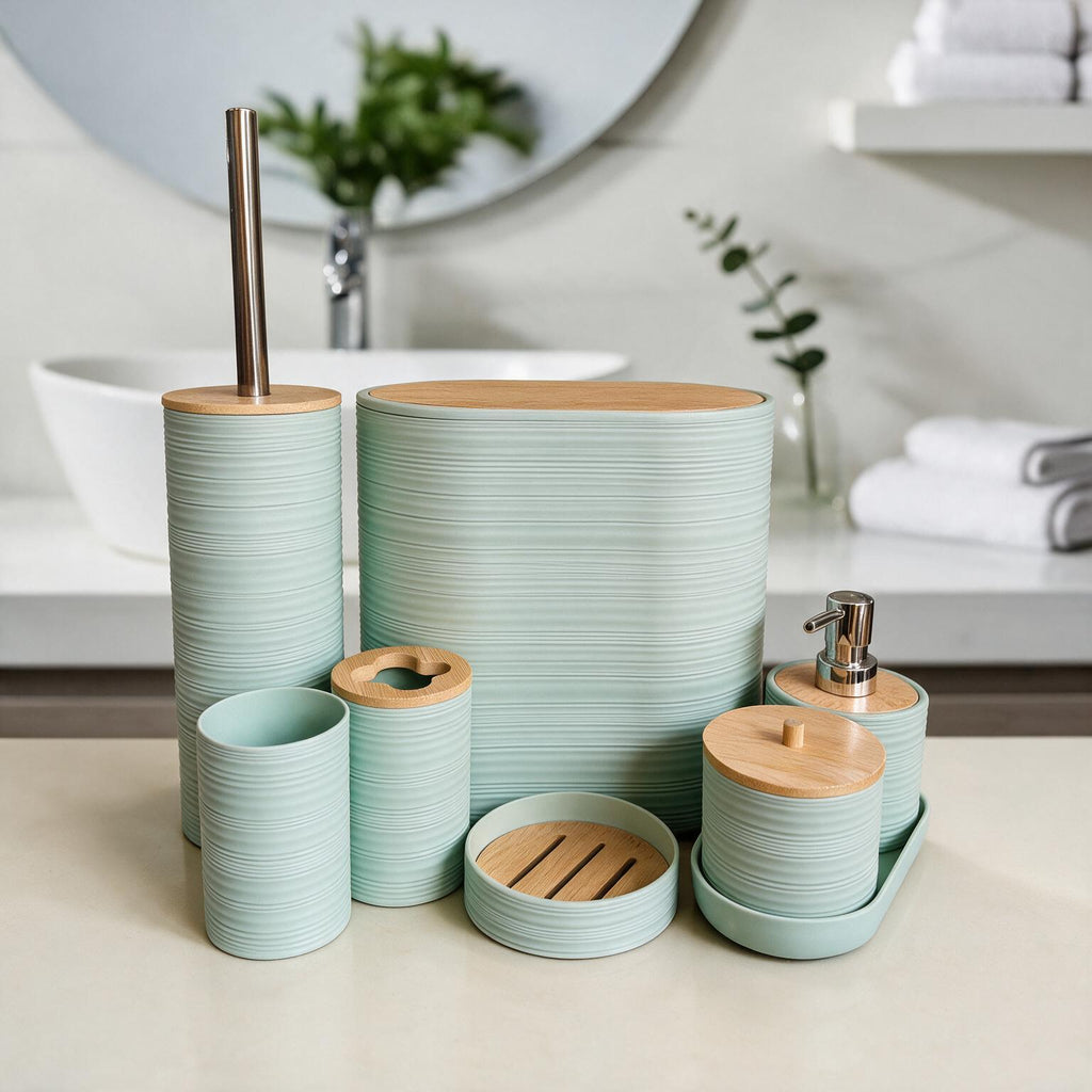 Bathroom Accessories Set with Bamboo Lids – 8 Pieces