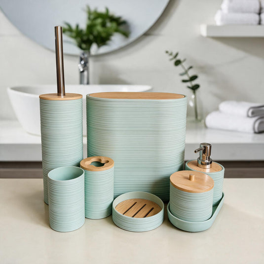 Ensemble d'accessoires de salle de bain avec couvercles en bambou – 8 pièces