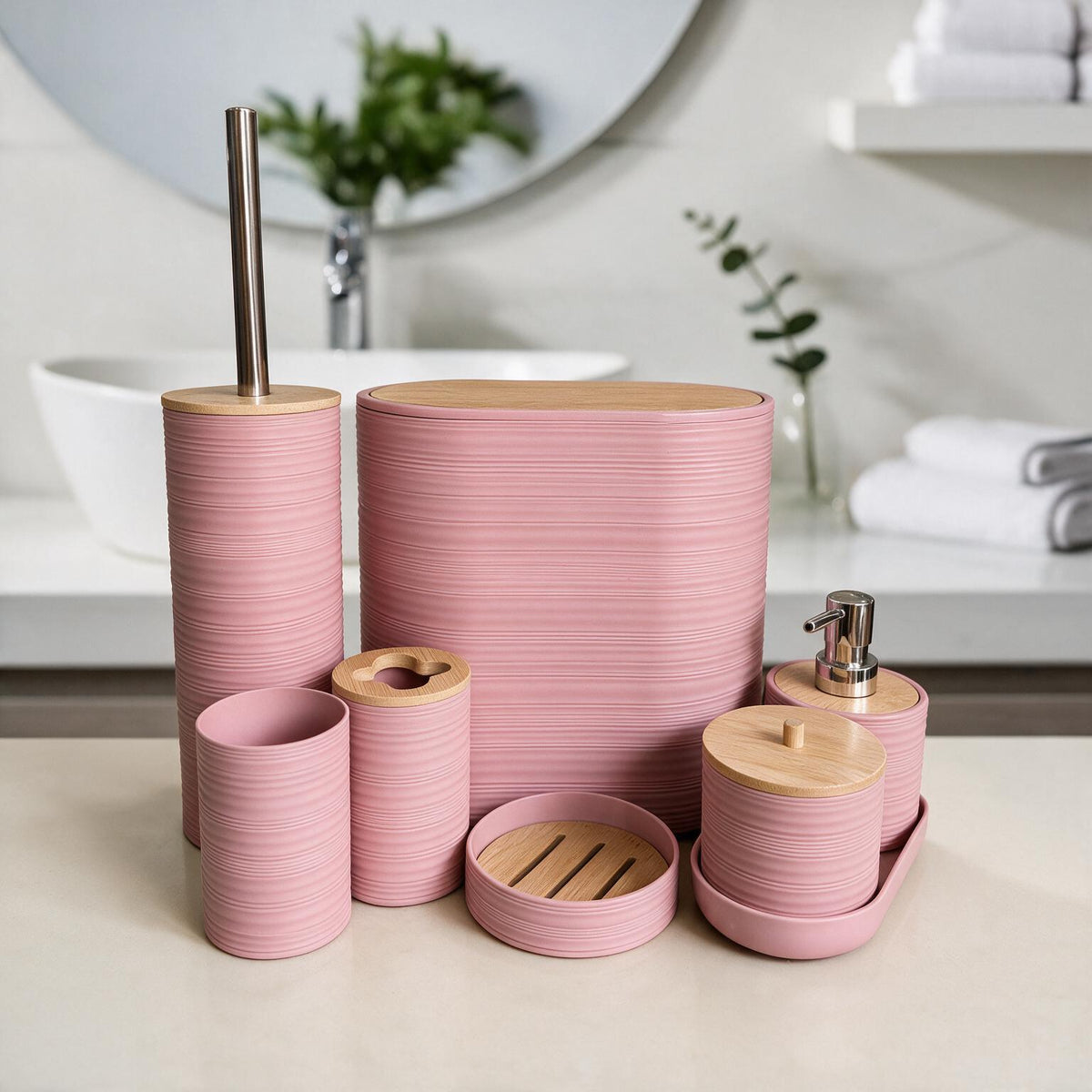 Bathroom Accessories Set with Bamboo Lids – 8 Pieces