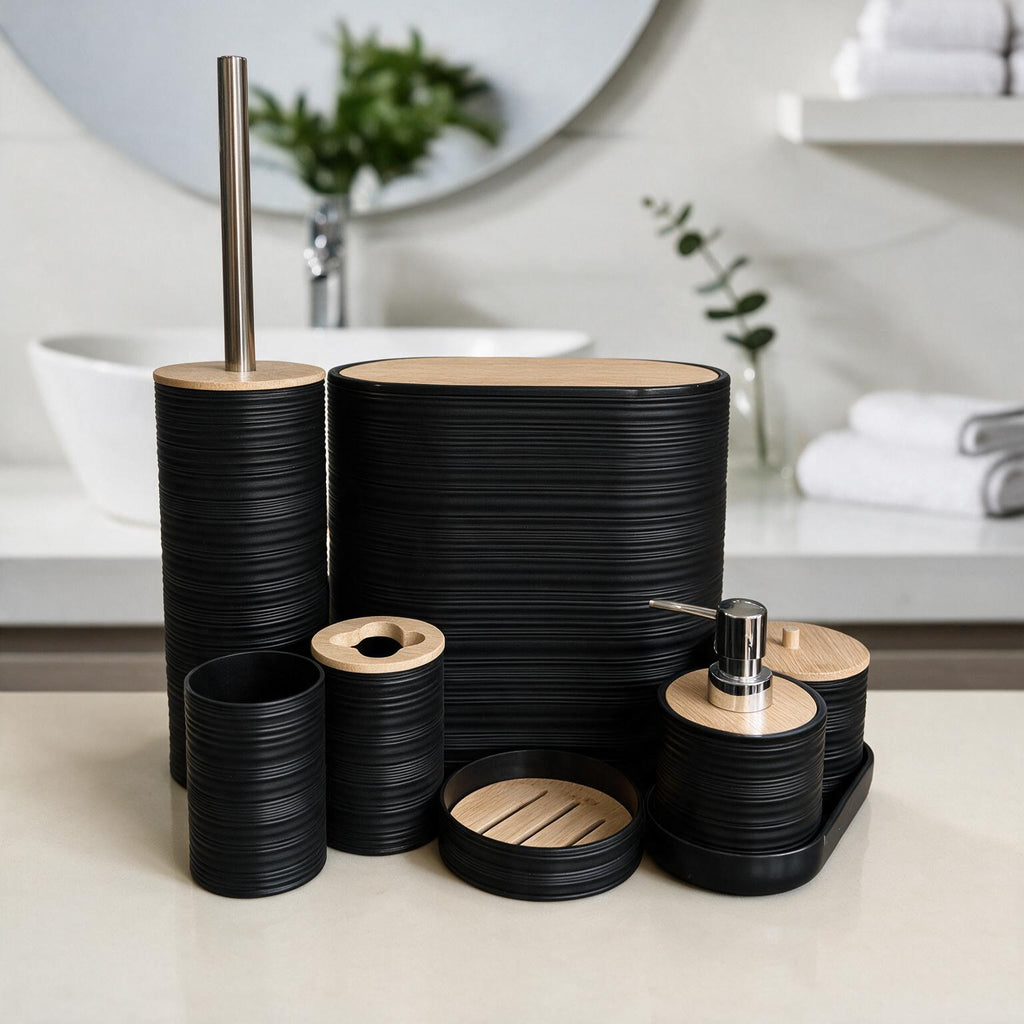 Bathroom Accessories Set with Bamboo Lids – 8 Pieces