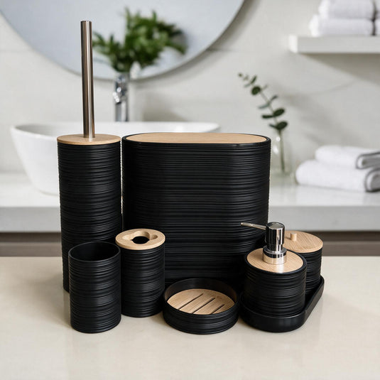 Ensemble d'accessoires de salle de bain avec couvercles en bambou – 8 pièces