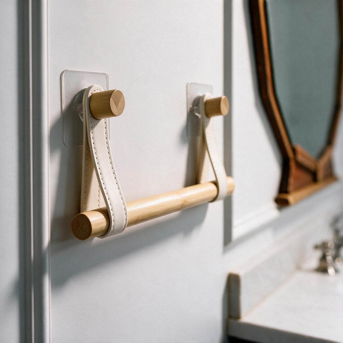 No-Drill Bamboo Towel Bar with Leather Straps