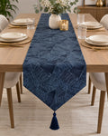 Navy blue leaf pattern table runner with tassel 180 x 33 cm
