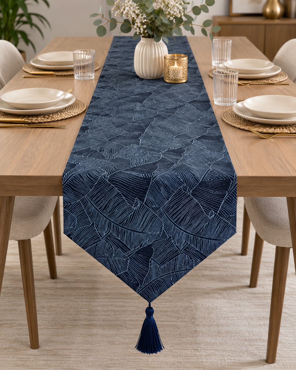 Navy blue leaf pattern table runner with tassel 180 x 33 cm