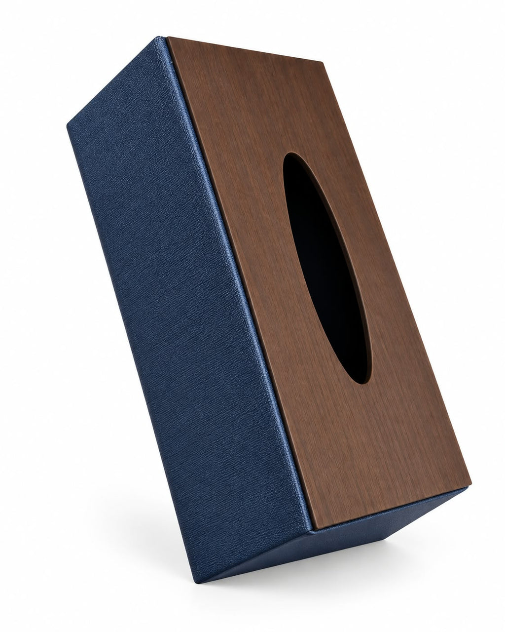 Navy blue tissue box cover with dark wood-look top