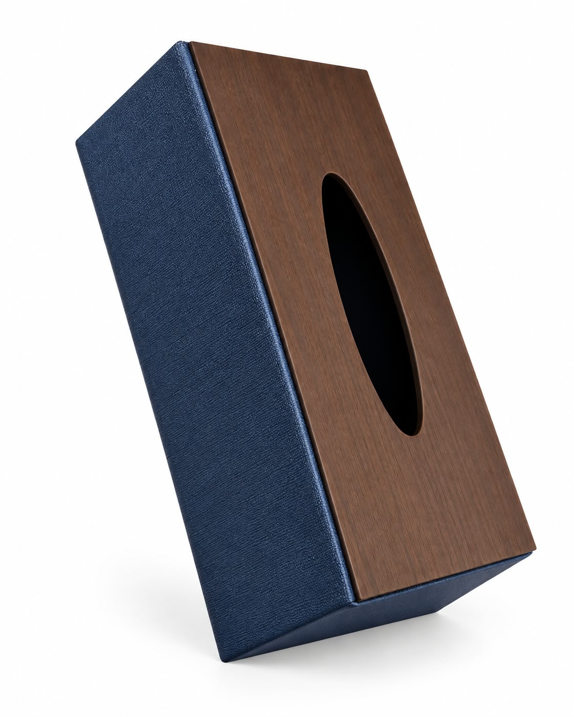 Navy blue tissue box cover with dark wood-look top