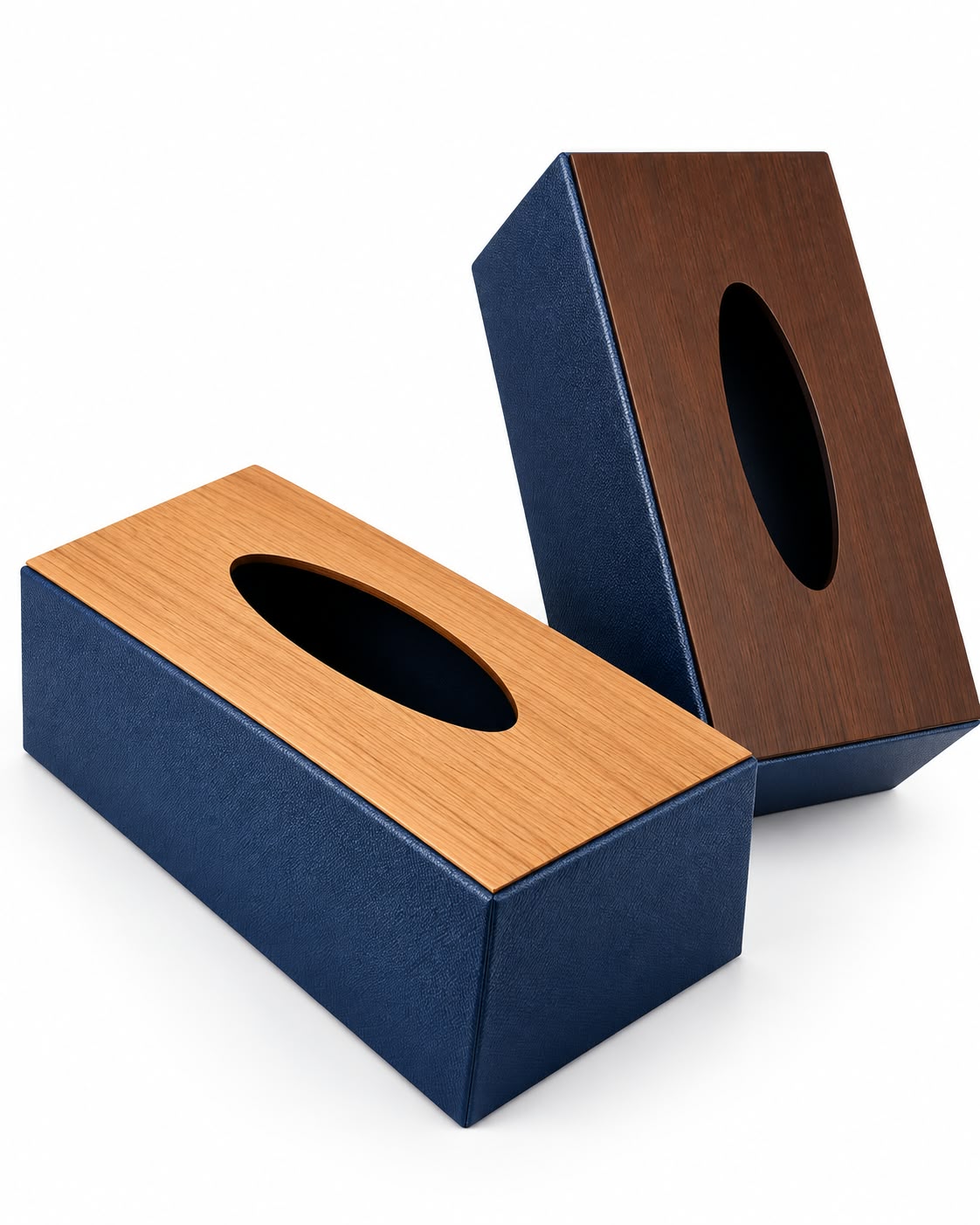 Navy blue tissue box cover with wood-look top product view