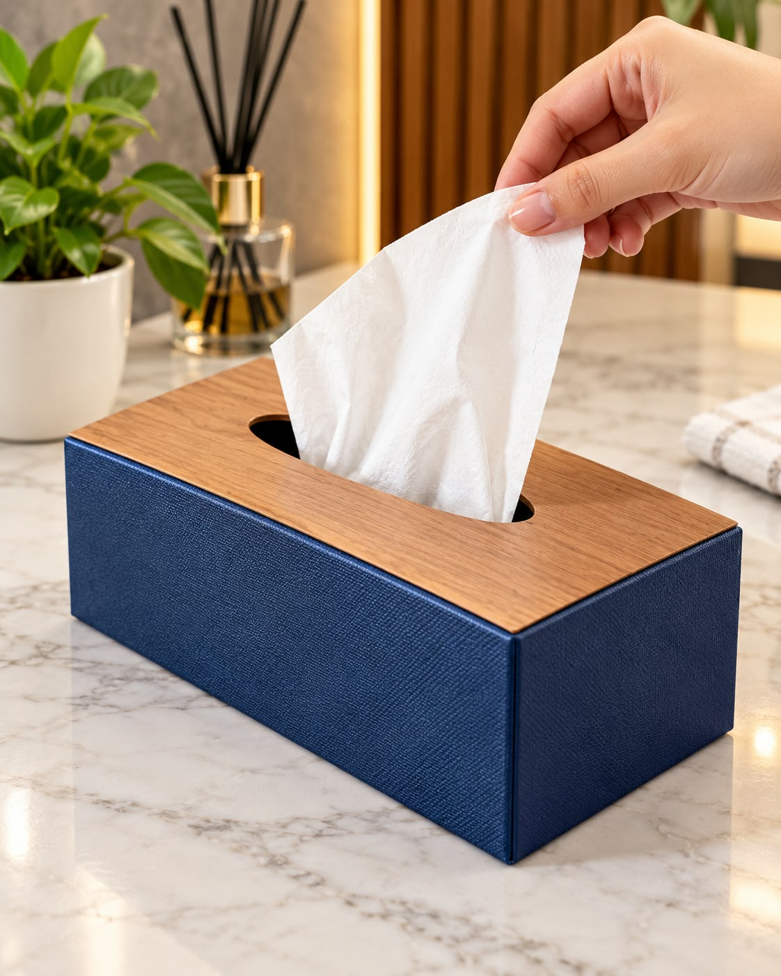 Navy blue tissue box cover with wood-look top in home setting
