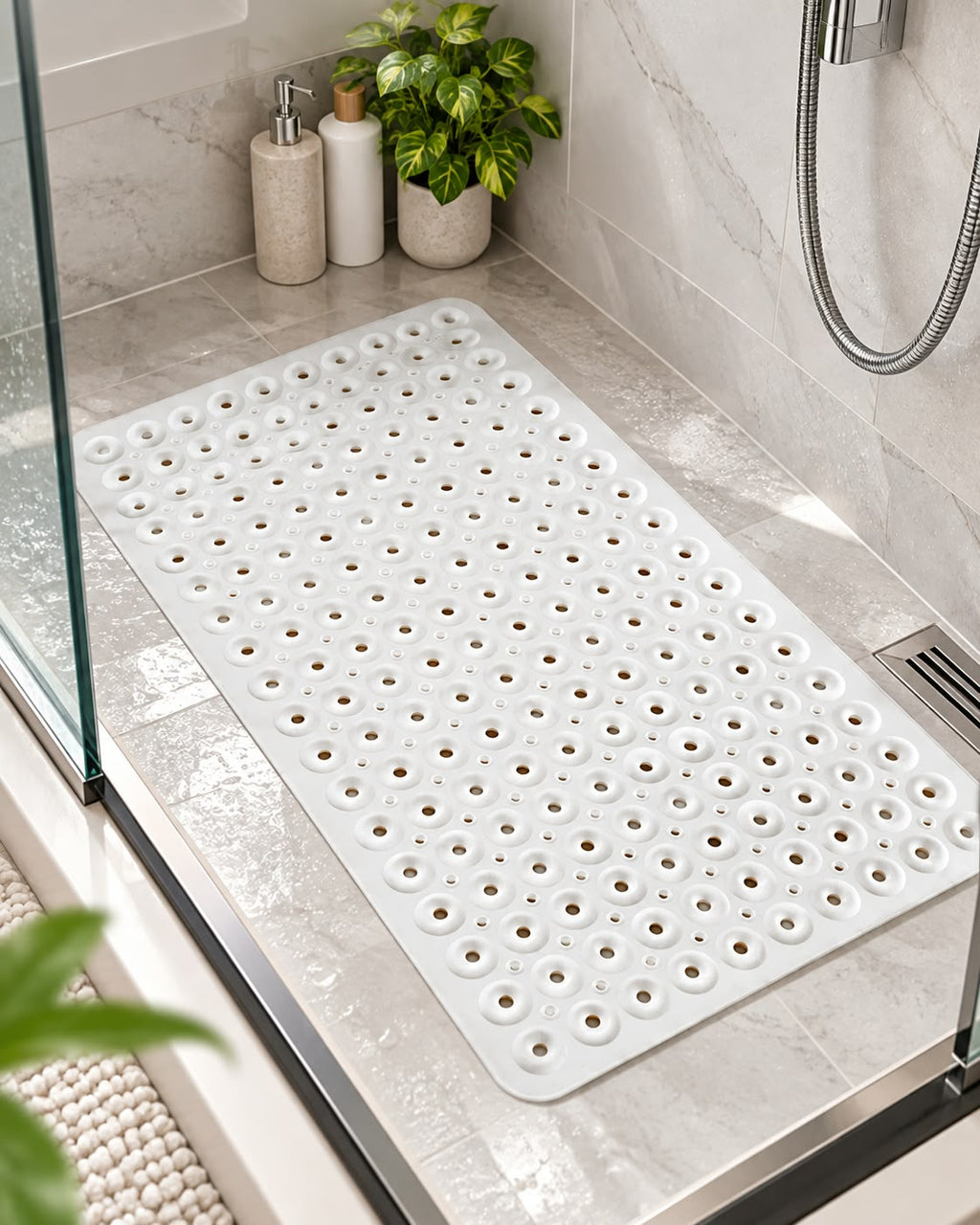 White non-slip shower bath mat in bathroom