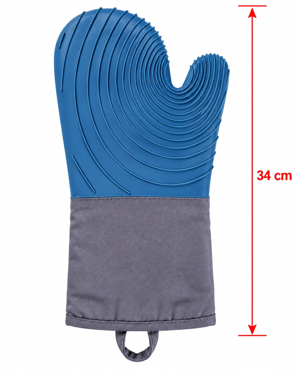 Blue silicone oven mitt with fabric cuff 34 cm