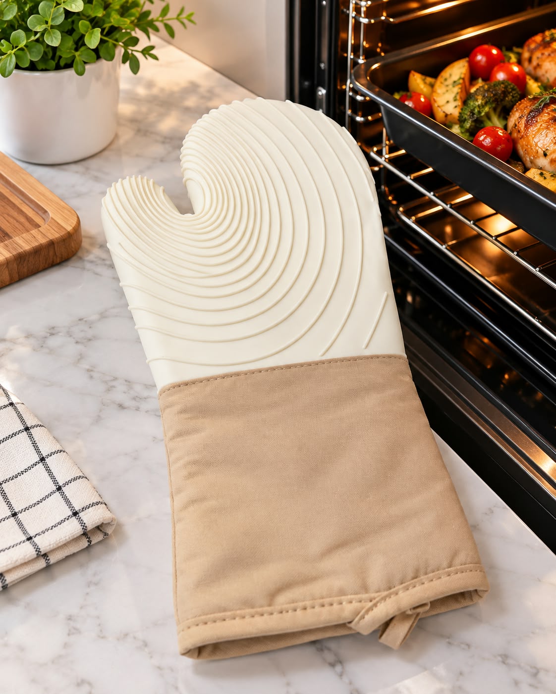Cream silicone oven mitt with beige fabric cuff by oven