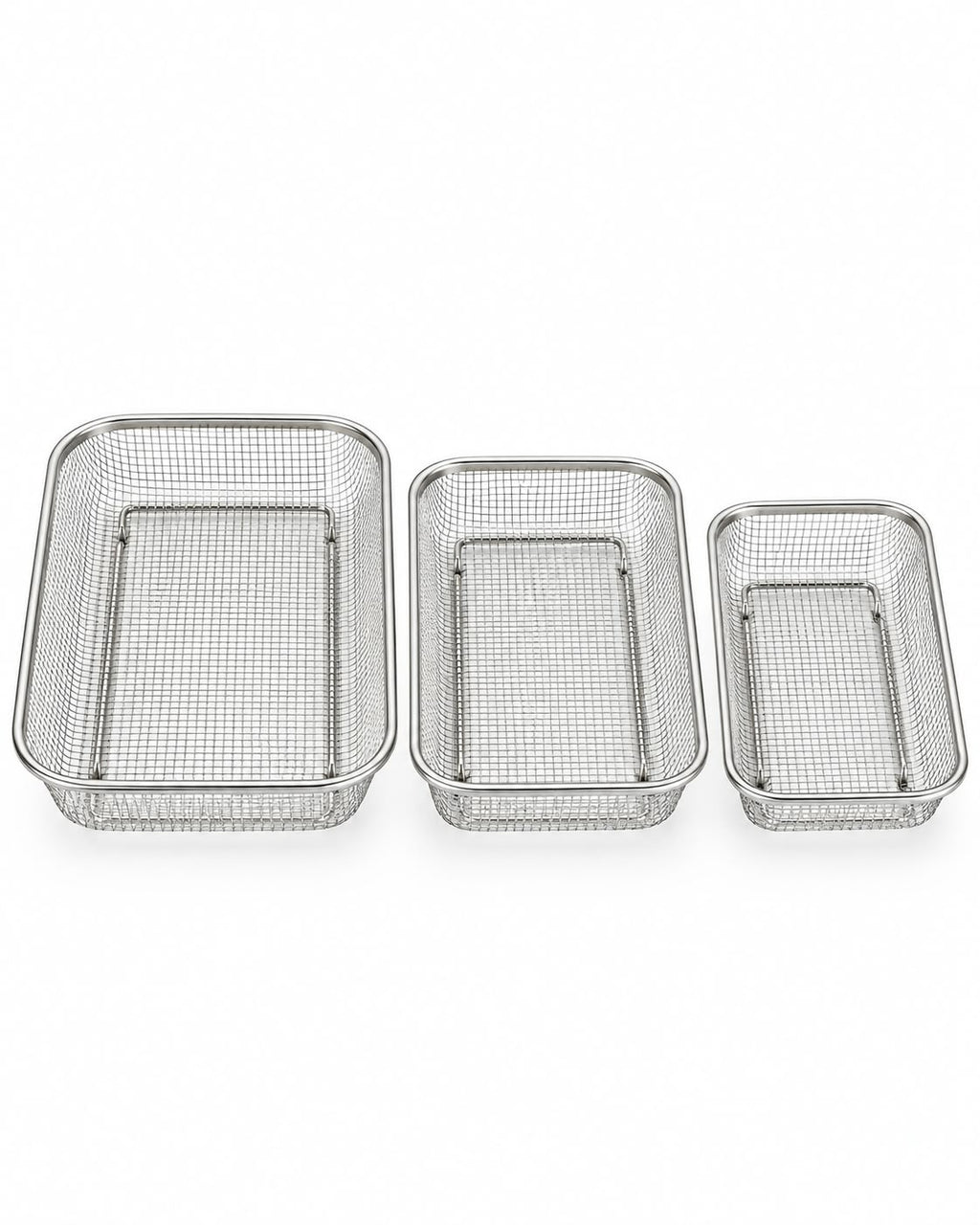 Three stainless steel mesh baskets