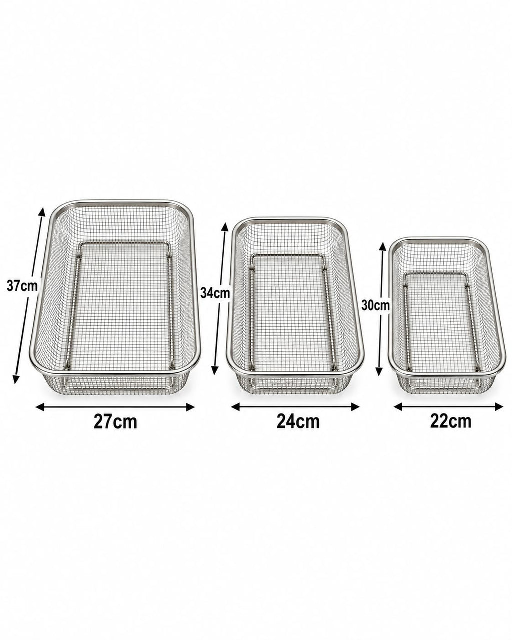 Stainless steel mesh basket set sizes 37x27, 34x24 and 30x22 cm