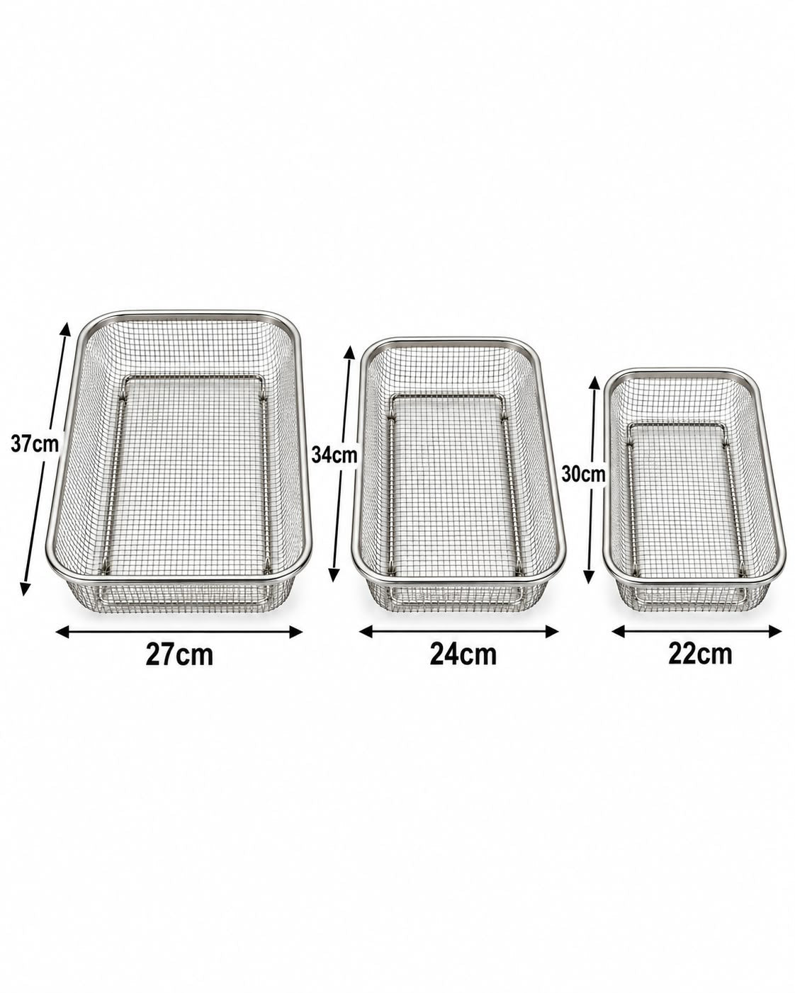 Stainless steel mesh basket set sizes 37x27, 34x24 and 30x22 cm
