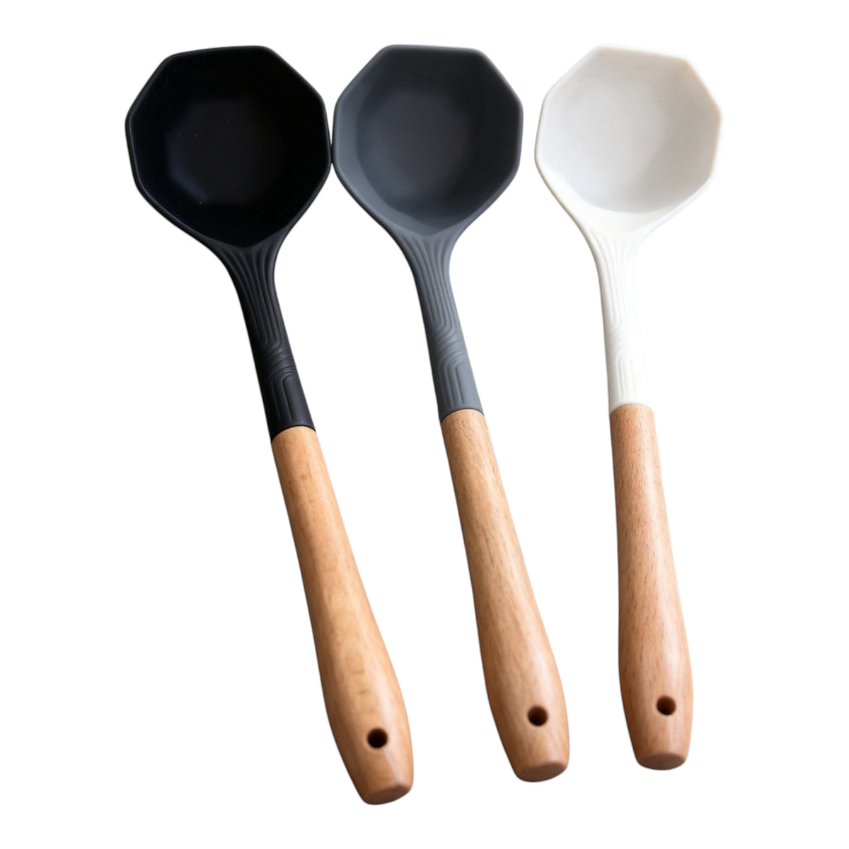 Trendy Shop set of three silicone soup ladles with wooden handles in black, grey, and white with hexagonal heads.