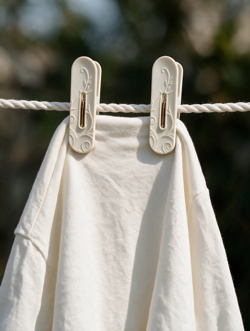 Floral laundry clothes pegs holding a white garment on a clothesline