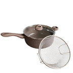 Vallena 3-piece non-stick potato frying pan set with a 24cm pot, glass lid, and stainless steel strainer basket.