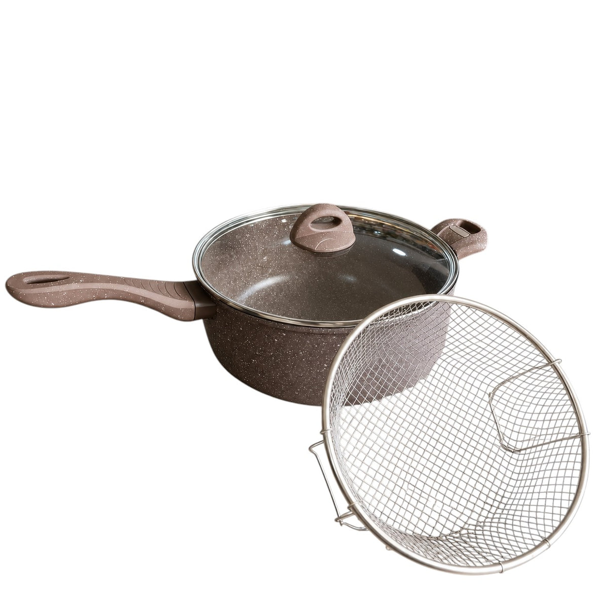 Vallena 3-piece non-stick potato frying pan set with a 24cm pot, glass lid, and stainless steel strainer basket.