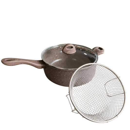 Vallena 3-piece non-stick potato frying pan set with a 24cm pot, glass lid, and stainless steel strainer basket.