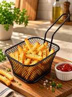 Black metal fryer basket filled with golden herb-seasoned fries