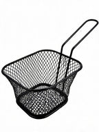 Black metal deep fryer basket with long handle on white background