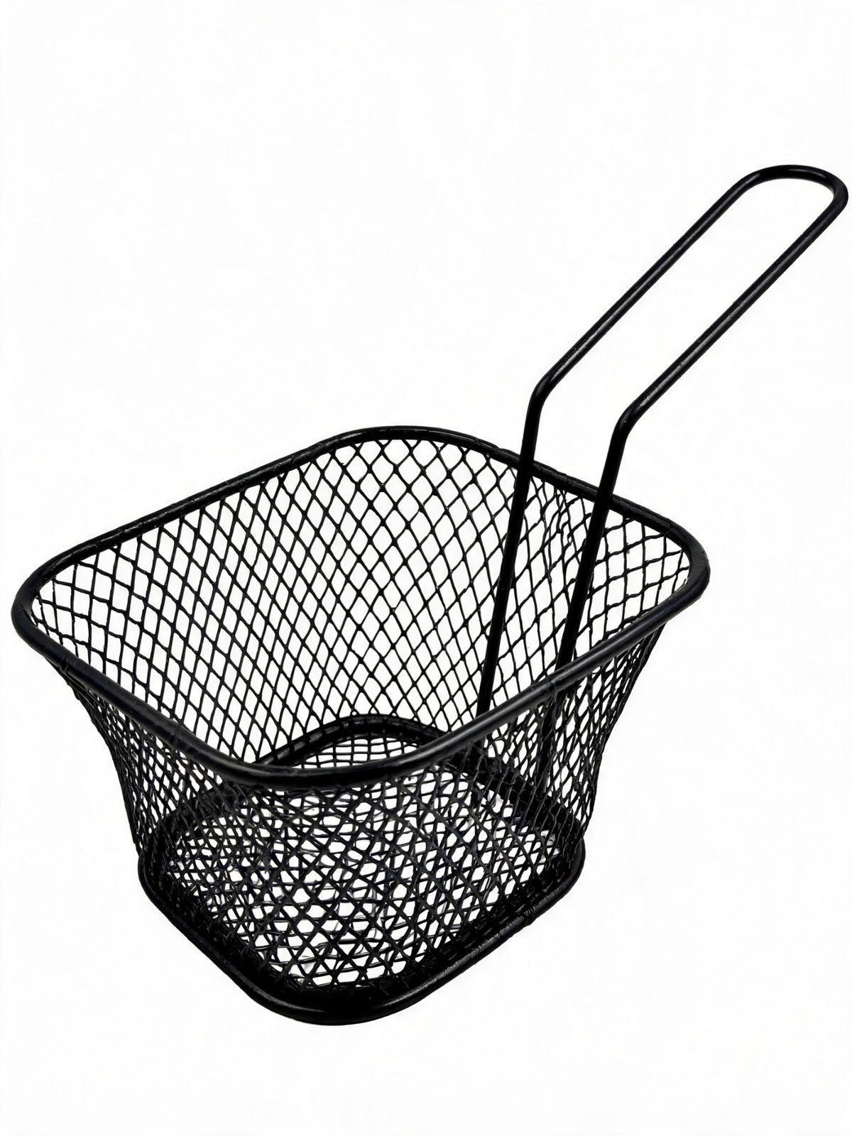 Black metal deep fryer basket with long handle on white background