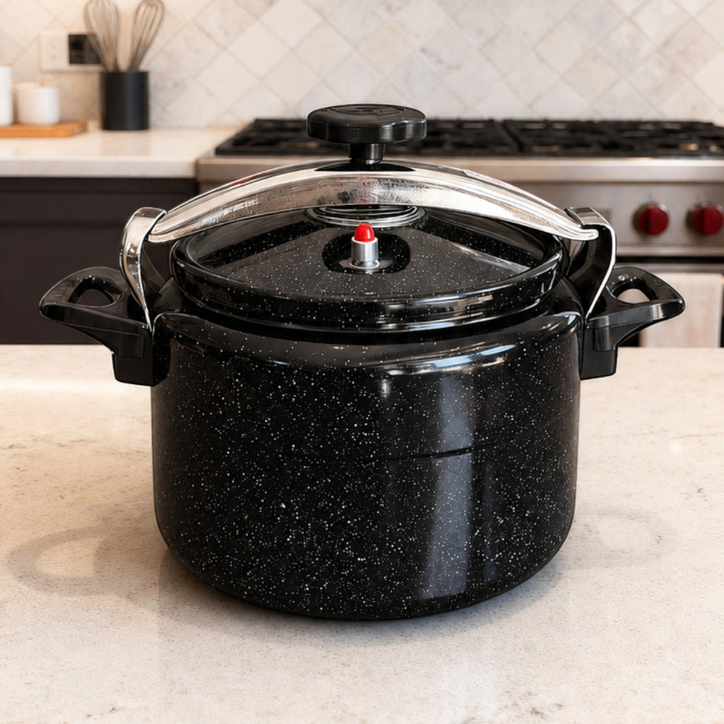Vallena 12-liter pressure cooker in black granite finish with a secure metal clamping lid on a kitchen countertop.