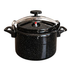 Vallena 12-liter pressure cooker in black granite finish with a secure clamping lid and side handles