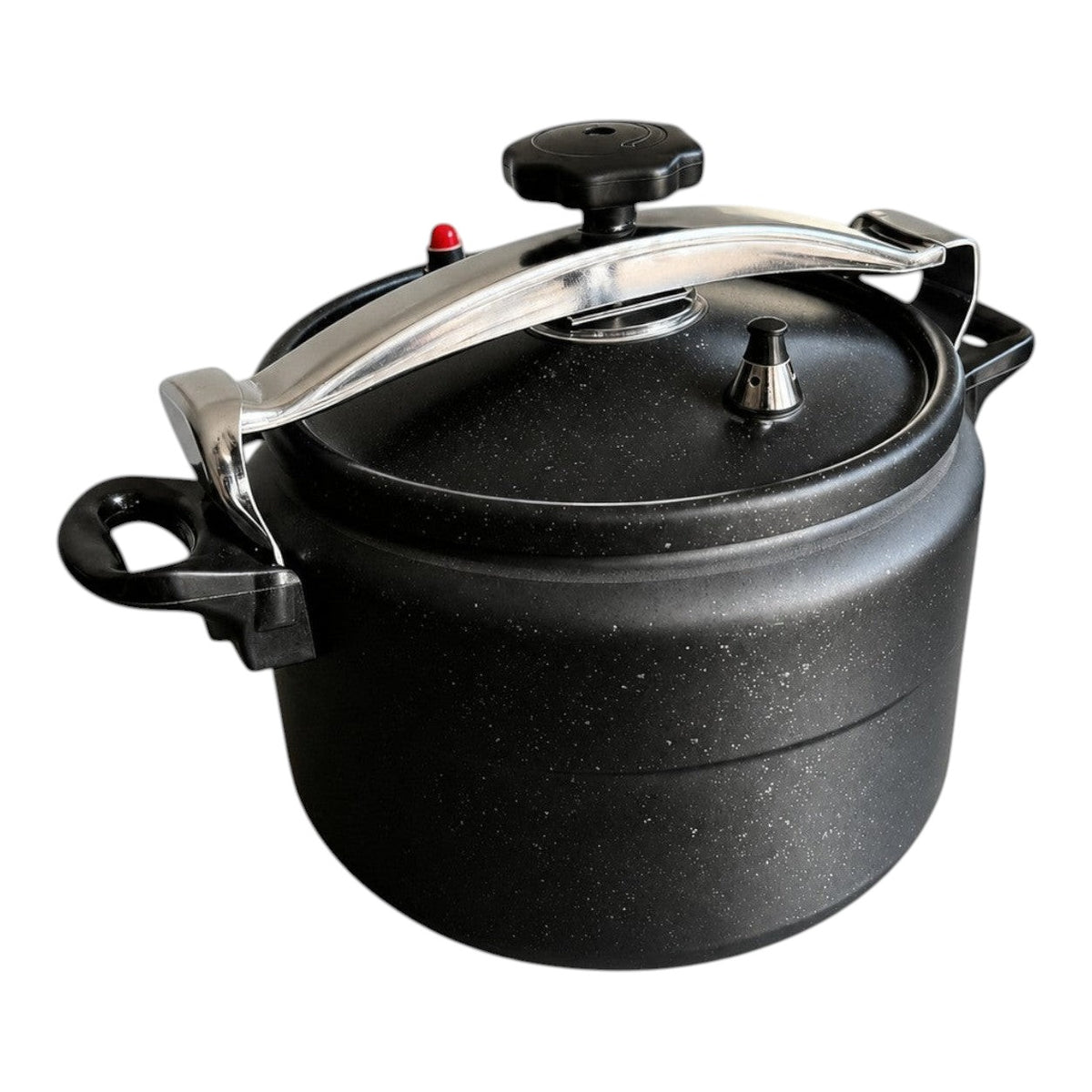 Vallena stainless steel pressure cooker in black with a secure locking handle and top pressure release valve.