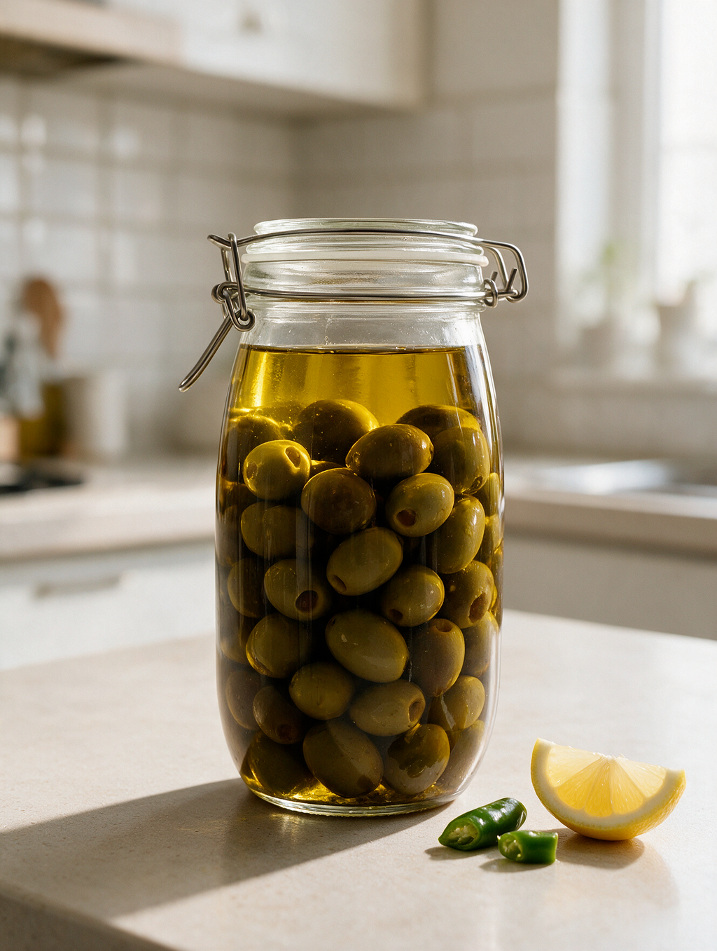 Clip-top glass storage jar filled with olives in a kitchen