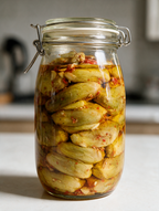Clip-top glass storage jar filled with pickled vegetables