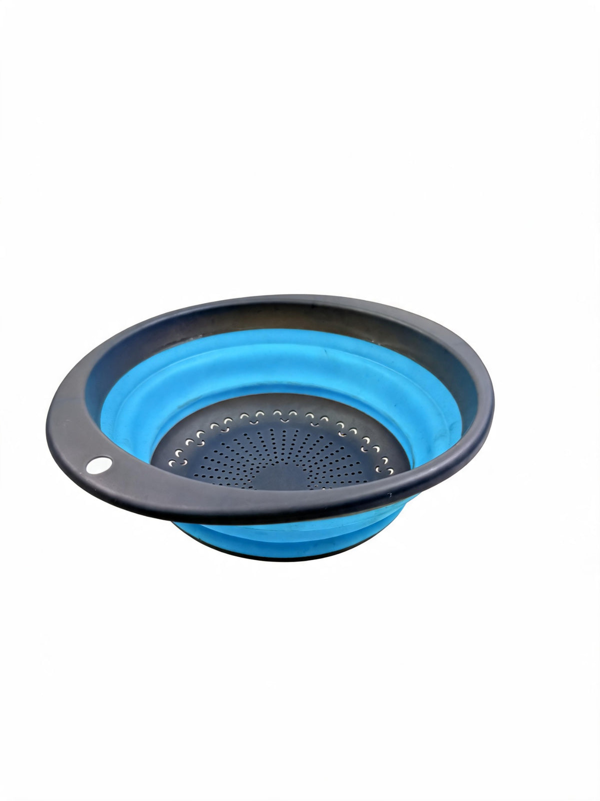 Collapsible silicone colander in blue on white background