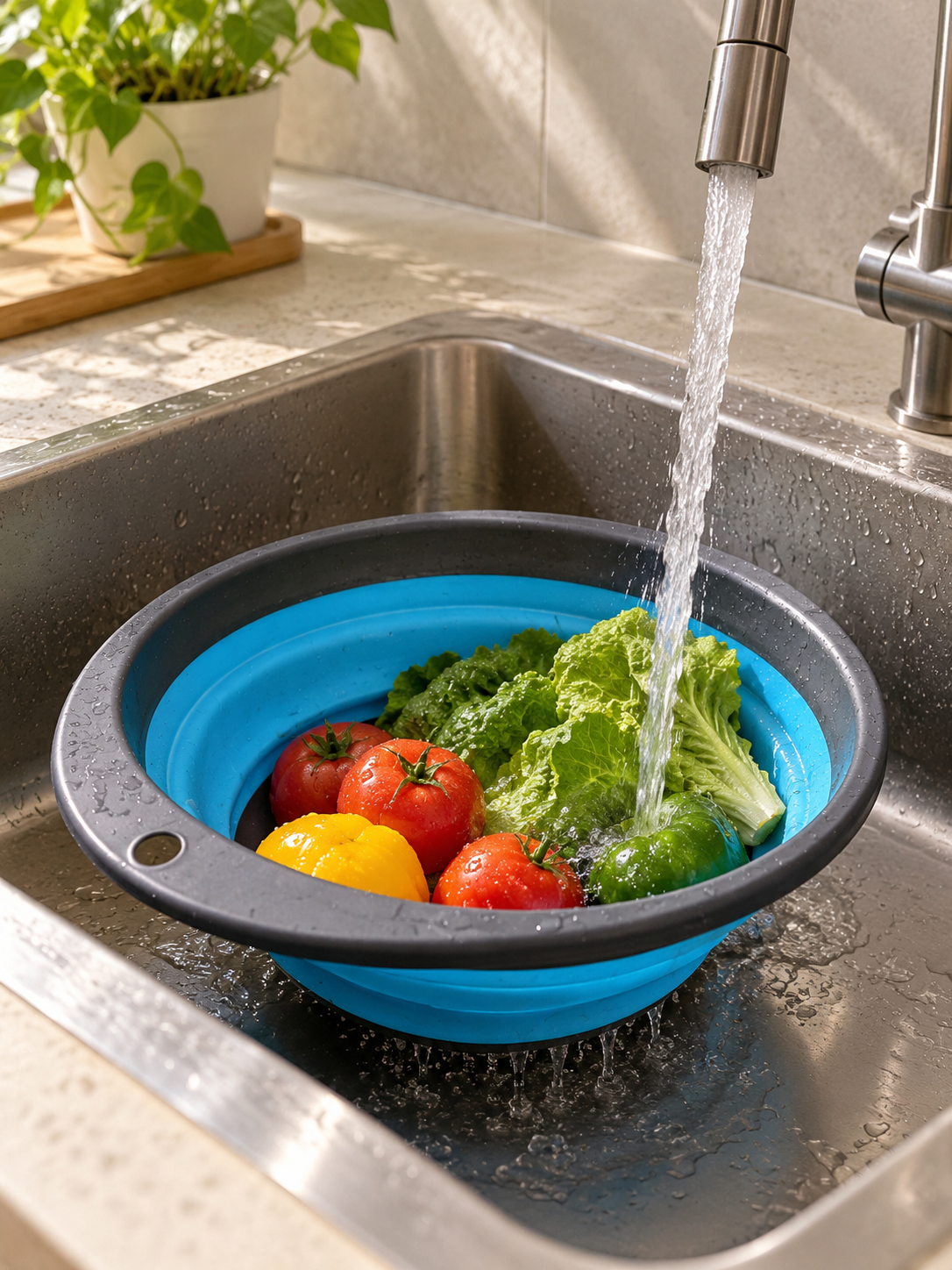 Collapsible silicone colander washing fresh vegetables in a kitchen sink
