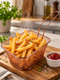 Copper finish fryer basket filled with golden fries