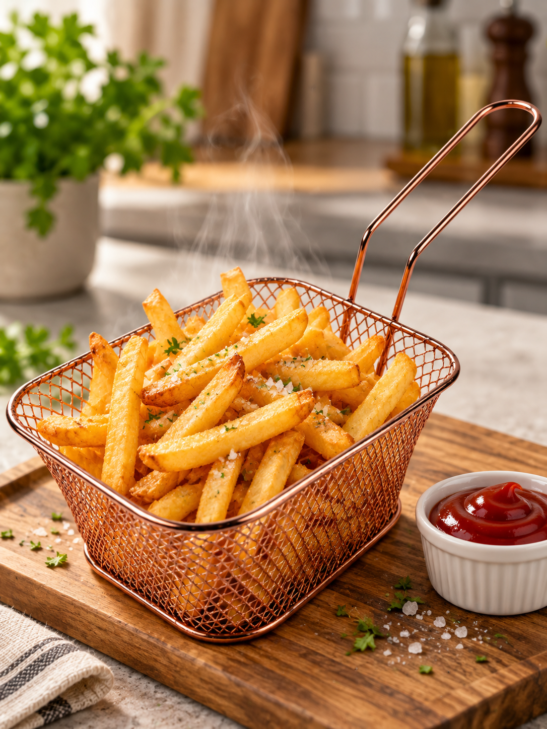 Copper finish fryer basket filled with golden fries