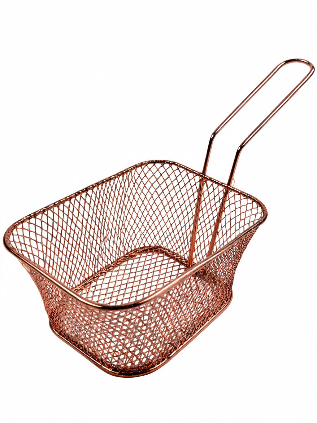 Copper finish deep fryer basket with long handle on white background