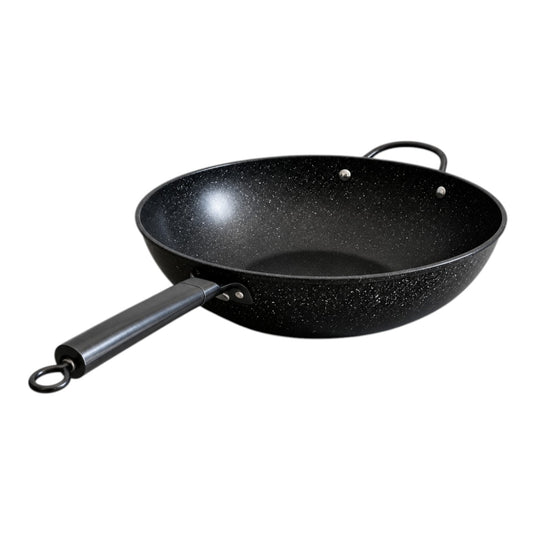 Vallena professional granite-coated fryer with a black speckled finish, long handle, and side helper loop.