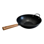 Vallena professional black granite-coated fryer with a light wood-toned handle and side helper loop handle.